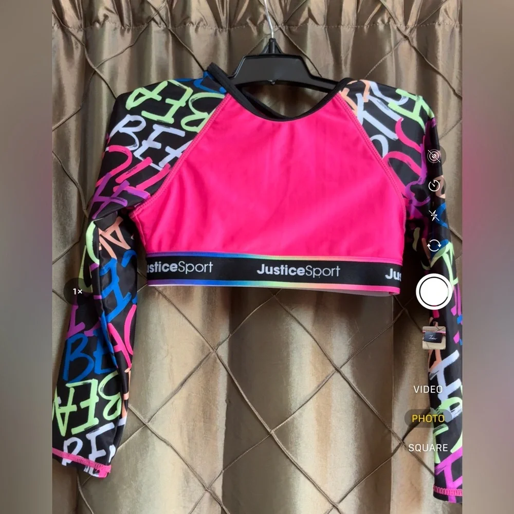 NWOT- Justice Sport Long-sleeved UPF Rashguard / Bikini Top